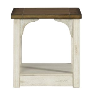 Combination Oak and Antique White finishSpacious full bottom shelfRustic farmhouse design