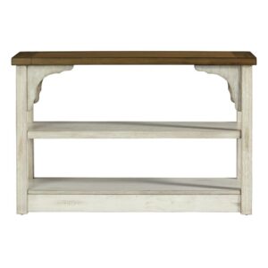 Combination Oak and Antique White finishSpacious full bottom shelfRustic farmhouse design