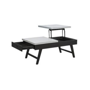 Concrete textured table topPoplar wood and birch veneer provides stabilityMid Modern style base in a black finish