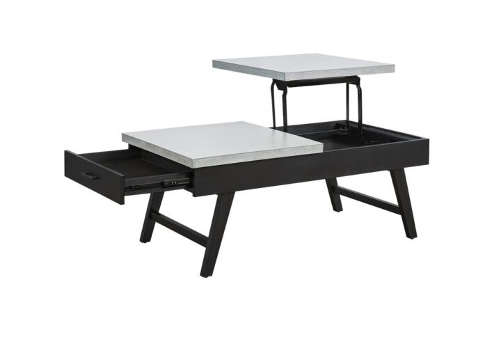 Concrete textured table topPoplar wood and birch veneer provides stabilityMid Modern style base in a black finish