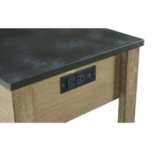 Gorgeous “Urban Oak” finishFeatures electrical & USB portFaux black slate top is practical for any home & easy to maintain