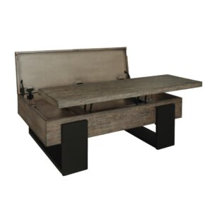 Cocktail table has a lift-top mechanism and hinged lift-open compartment for hidden storageMedium toned clay colored pine finish with black baseMDF & Pine Veneer assures stability