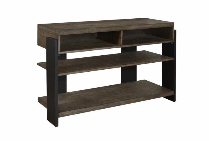 Spacious open shelvesMedium toned clay colored pine finish with black baseMDF & Pine Veneer assures stability