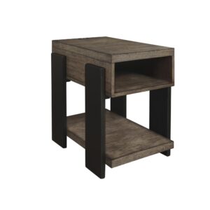 Chairside table has 2 USB portsMedium toned clay colored pine finish with black baseMDF & Pine Veneer assures stability