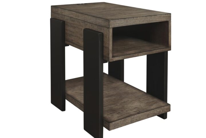 Chairside table has 2 USB portsMedium toned clay colored pine finish with black baseMDF & Pine Veneer assures stability