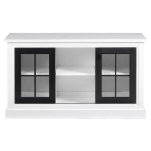 Window pane sliding tempered glass doorsOpen shelvingBlack and White finish