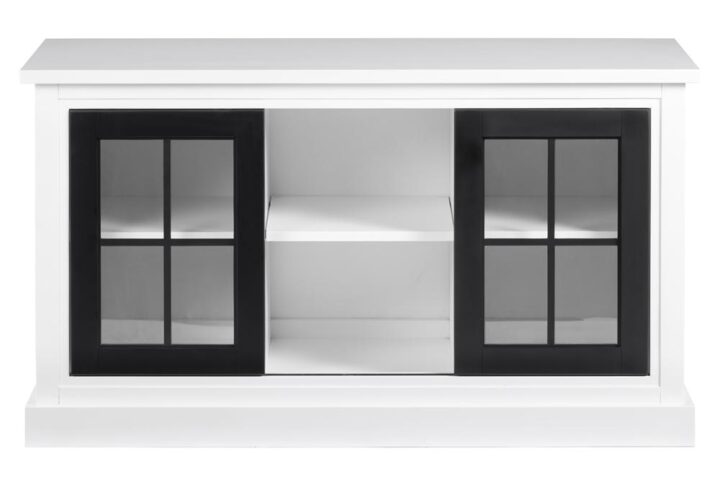 Window pane sliding tempered glass doorsOpen shelvingBlack and White finish