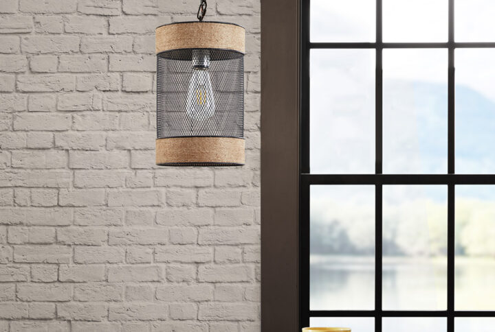 Natural Rope and Metal Mesh Cylinder Pendant