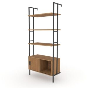 Redefine the look of your home with the mid-century inspired style and modular design of this wall-mounted bookcase with door from the New Hyde collection. This wall-supported storage solution features four large open shelves that offer the ideal amount of convenient storage for items like your collection of novels