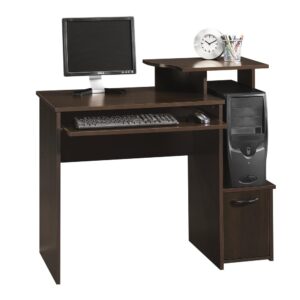 a dedicated space for a vertical CPU tower keeps your small home office desk tidy and organized. Additional storage can be found behind the lower door