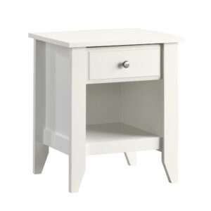 Looking for some stylish bedside storage? Check out this Soft White® night stand from the Shoal Creek® collection. Find room for all your do-dads and gadgets in the easy-to-access drawer that opens and closes on smooth metal runners. The open shelf below provides you with even more storage and makes this sweet little bedside table the perfect addition to your bedroom.