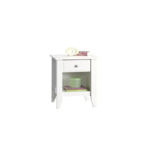 Looking for some stylish bedside storage? Check out this Soft White® night stand from the Shoal Creek® collection. Find room for all your do-dads and gadgets in the easy-to-access drawer that opens and closes on smooth metal runners. The open shelf below provides you with even more storage and makes this sweet little bedside table the perfect addition to your bedroom.