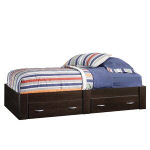 we have just the piece for you! This twin platform bed from the Beginnings® collection is sure to add clean lines and sleek design to your bedroom so you can snooze in style. It features convenient under the bed storage with two large storage drawers that create an easy access space to stow away anything from stacks of sweatshirts and your abundance of shoes to board games and an extra set of sheets and blankets. You can find room for all your stuff! It accommodates a twin-sized mattress to give you a completed look