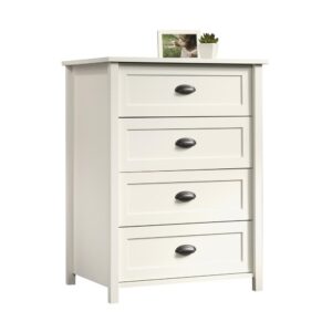 Looking for a solution to all your storage woes? Look no further! This 4-drawer chest from the County Line® collection provides you with optimal storage space while adding beautiful style to your bedroom. This charming chest of drawers features four large drawers that open and close on smooth metal runners. These spacious drawers are ideal for stowing away anything from your collection of frilly blouses and dress slacks to your secret stash of old t-shirts and sweatpants. You can find room for all your stuff! Its roomy top surface also makes a great place to display home décor items and store other bedroom essentials such as a mirror