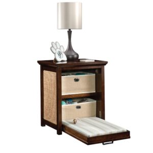 Looking for cat bed end table for your feline friend? This side table with cat bed can be used as a living room end table or bedroom nightstand. The cat bed side table features a decorative flip-down front panel that reveals a cushioned pad for cat-napping and two fabric storage baskets to stow away toys. A sisal scratch pad on each side panel gives your feline a dedicated place to stretch and scratch. Featuring birch veneer construction