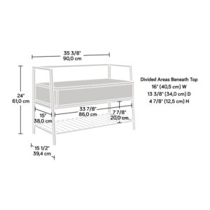 Flip-up seat panel reveals hidden storage with divider. Lower shelf for additional storage. Lower shelf for additional storage.