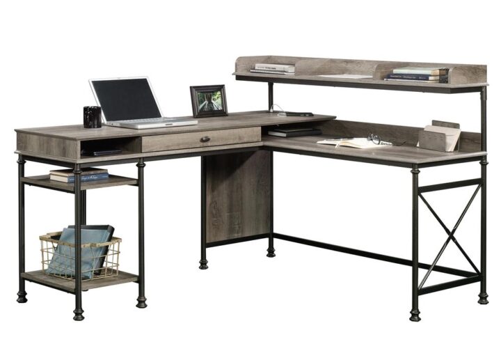 Maximize your office capabilities with this industrial inspired L-shaped desk from the Canal Street collection. This home office desk features a large tabletop that provides you with plenty of space for your laptop