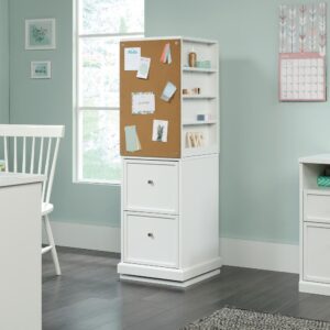 swiveling craft tower includes a pegboard back and a corkboard panel—keeping things organized and easy to reach for when you need them. Two storage drawers with full extension slides offer hidden storage for supplies like yarn