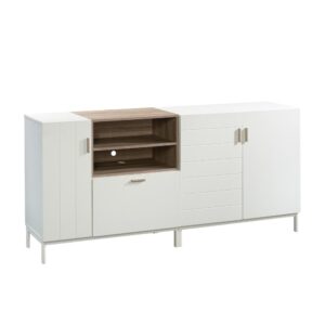 two-piece cabinet/stand can be switched left to right or used as a stand-alone cabinet. Together