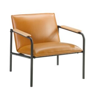 Add sophisticated style and comfort to your home décor with this chair from the Boulevard Café collection. This handsome lounge chair features a leather-like cushioned seat and back for comfort you can enjoy while you sit back and scroll on your smartphone or relax while watching the evening news. Its two armrests are accented with wood arm caps for an extra touch of elegant style that is sure to catch the eye of all your guests. Attractive from every angle