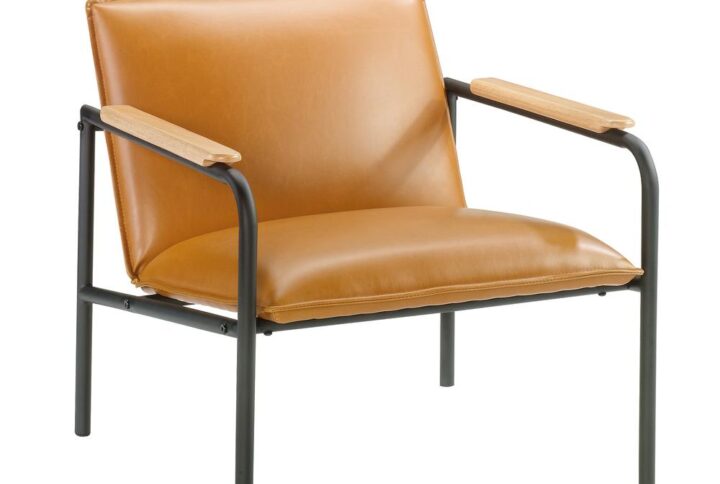 Add sophisticated style and comfort to your home décor with this chair from the Boulevard Café collection. This handsome lounge chair features a leather-like cushioned seat and back for comfort you can enjoy while you sit back and scroll on your smartphone or relax while watching the evening news. Its two armrests are accented with wood arm caps for an extra touch of elegant style that is sure to catch the eye of all your guests. Attractive from every angle