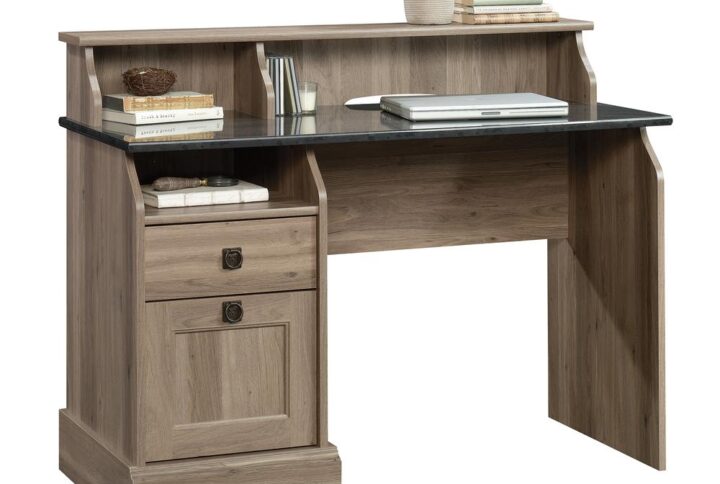 Upgrade the style and aesthetic of your home office/workspace with this desk from the Sauder Select collection. Its beautiful faux slate tabletop surface has room for all your office essentials with an and its EverSheen® top-coat that provides a clear