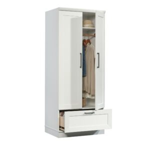 framed panel doors is a hidden storage area that includes three spacious shelves and a garment rod for hanging. It includes one adjustable shelf that moves to different heights to best fit items of all different shapes and sizes. This versatile storage cabinet provides you with ample amount of room for all your belongings – your vast array of shoes