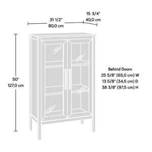 safety-tempered glass doors. Behind this set of double doors is a display area that includes three spacious shelves that are ideal for showcasing some of your favorite home décor items like decorative plants