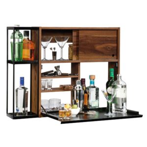 mixers and bar tools. Need more storage? The open shelving provides you with even more space for storage and display. Its space-saving hanging design offers versatile placement throughout any room in your home. Finished in Grand Walnut