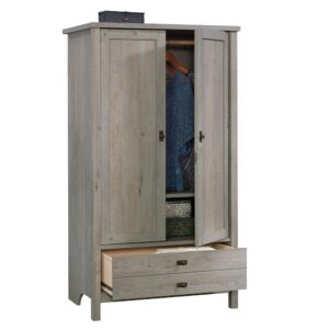 framed panel doors is a hidden storage area that includes a garment rod and an adjustable shelf. Conveniently hang all your nice clothes like your newly ironed dress shirts