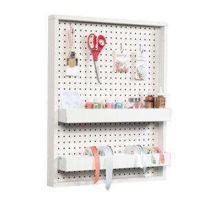 Every crafter deserves to have an organized work area. Keep your craft room clean and clutter free with this wall mounted peg board with trays from the Craft Pro Series® collection. This handy peg board is designed to keep all your craft tools and supplies neatly organized and easy to reach. It can be mounted to any wall vertically or horizontally to create a convenient storage space wherever you need it most! It features two removable trays that feature a rod for easy access storage for your collection of ribbon. That rod can be removed from each tray to offer flexible storage options of various different supplies like jars of buttons and beads to spools of yarn and thread. It offers the perfect amount of space to organize and easily store an array of miscellaneous craft supplies! Finished in White