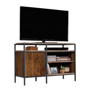 Rethink your entertainment space and add the modern style of this metal and wood TV stand from the Nova Loft collection. This TV stand with storage accommodates up to a 46" TV