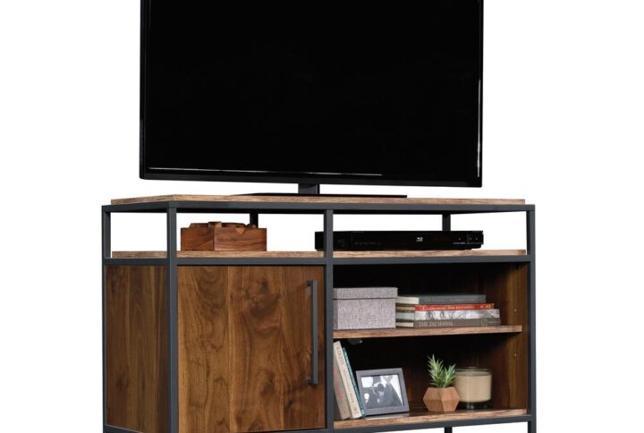 Rethink your entertainment space and add the modern style of this metal and wood TV stand from the Nova Loft collection. This TV stand with storage accommodates up to a 46" TV