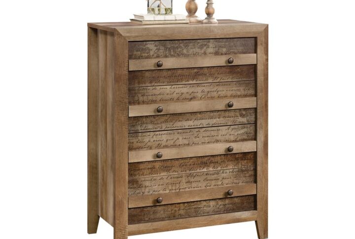 Style and storage all in one! Find a place for all your clothes while adding a one-of-a-kind look to your bedroom with this 4-drawer chest from the Dakota Pass® collection. This beautiful dresser features four large drawers that open and close on smooth metal runners. These spacious drawers provide you with easy access storage of items like stacks of slacks and your favorite blouses to comfy sweatpants and your collection of t-shirts. It has a place for all your things! Each drawer front is detailed with a graphic script pattern that adds a beautiful visual that is sure to stand out in your home. Its spacious top surface also provides you with room to store additional bedroom items or display home décor like an accent lamp