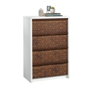 Lack of storage space is a thing of the past. Give your bedroom the additional storage it needs without having to sacrifice on the style you love with this 4-drawer chest from the Harvey Park® collection. This bedroom chest features four spacious drawers that open and close on smooth metal runners for easy access storage of items like stacks of slacks and your favorite blouses to comfy sweatpants and your collection of t-shirts. It has space for all of your things! Each drawer front is detailed with a geometric line pattern to give this bedroom dresser style that is sure to stand out. This 4 drawer chest of drawers also features a spacious top surface that provides you with room for additional storage and display of items like your makeup bag