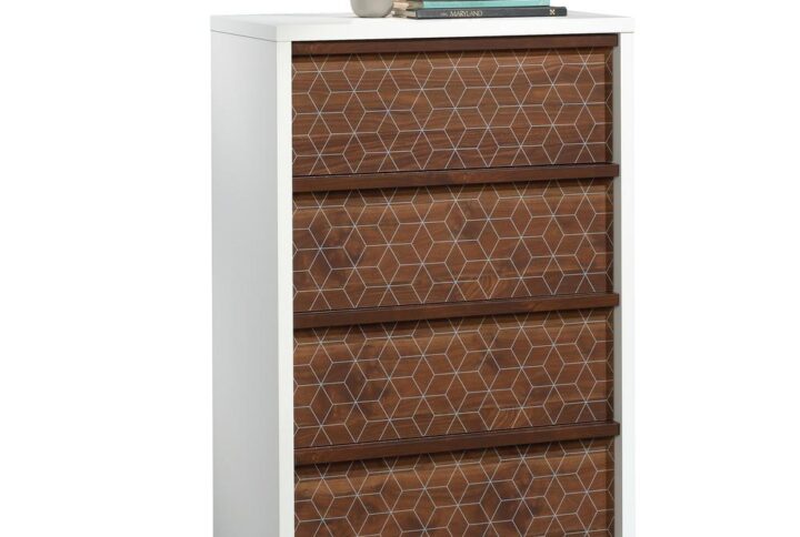 Lack of storage space is a thing of the past. Give your bedroom the additional storage it needs without having to sacrifice on the style you love with this 4-drawer chest from the Harvey Park® collection. This bedroom chest features four spacious drawers that open and close on smooth metal runners for easy access storage of items like stacks of slacks and your favorite blouses to comfy sweatpants and your collection of t-shirts. It has space for all of your things! Each drawer front is detailed with a geometric line pattern to give this bedroom dresser style that is sure to stand out. This 4 drawer chest of drawers also features a spacious top surface that provides you with room for additional storage and display of items like your makeup bag