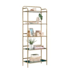 Boring living room décor is a thing of the past. It's time to give your home a fresh new look with this bookcase from the Coral Cape® collection. This stunning gold bookcase features spacious open shelving for convenient storage and display. It includes five safety-tempered glass shelves that are ideal for storing an array of different items like stacks of books