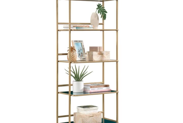 Boring living room décor is a thing of the past. It's time to give your home a fresh new look with this bookcase from the Coral Cape® collection. This stunning gold bookcase features spacious open shelving for convenient storage and display. It includes five safety-tempered glass shelves that are ideal for storing an array of different items like stacks of books