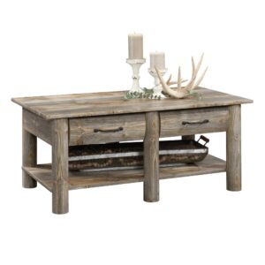 Bring your love of the outdoors right to the center of your living room with this coffee table from the Boone Mountain collection. This rustic coffee table offers a spacious top surface that provides you with room for items like magazines