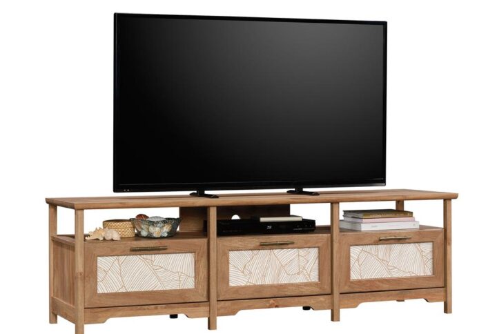 Is your home beginning to look a little boring and bland? Add a fresh new look of tropical-inspired design and beauty to any room with this TV credenza from the Coral Cape® collection. This TV stand accommodates up to a 70" TV