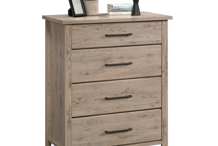 There is no such thing as having too much storage space in your home. Give your bedroom the additional storage space it needs while adding a touch of the style you love with this 4-drawer chest from the Summit Station® collection. This bedroom dresser features four drawers that open and close on smooth metal runners for convenient storage of a variety of items like stacks of denim jeans and your favorite tops to cozy sweatpants and your collection of sweatshirts. The three lower drawers are extra deep so you can stow away even more! This chest of drawers offers a spacious top surface that is ideal for storing and displaying items like decorative plants