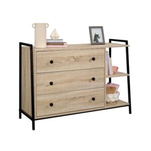 Don't let a lack of storage space get you down. Create the storage space that your bedroom needs without having to sacrifice on style with this dresser from the North Avenue® collection. This 3 drawer chest features three spacious drawers that open and close on smooth metal runners. These large drawers are ideal for stowing away items like stacks of slacks and your favorite blouses to comfy sweatshirts and your collection of pajama pants. This 3 drawer dresser also includes two opens shelves that provide additional storage space or a place to display home décor like decorative plants. The large top surface provides even more bedroom furniture options to store and display items like an accent lamp