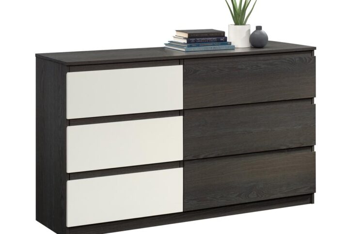 Get bedroom furniture that adds the storage you need and a touch of contemporary style with this 6-drawer dresser from the Hudson Court® collection. This double dresser has six drawers that open and close on smooth metal runners for convenient storage options. The three larger drawers are ideal for storing items like slacks