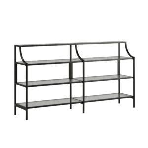 Craving a fresh touch of style for you home? Update your home with modern design of this metal and glass console table from the Harvey Park® collection. This glass console table features open storage that includes three large shelves and one narrow shelf to conveniently store and display items like decorative plants