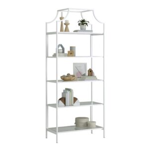 A simple addition can change the look of an entire room. Create a sophisticated look in any room with the modern style and design of this metal and glass bookcase from the Anda Norr® collection. This display bookcase includes five open shelves for storage and display. Each shelf features safety-tempered glass for an extra touch of style that is sure to stand out. The spacious shelves are ideal for showcasing your favorite home décor such as a vase full of flowers