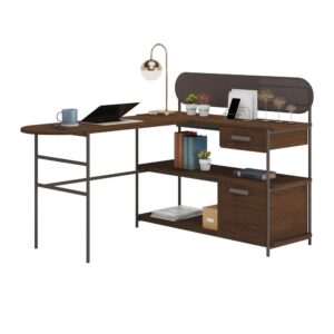 Throwback is in: merge the old and the new together with the modern L-shaped desk from the Radial® collection. This metal and wood desk features a storage drawer with metal runners and safety stops to store your desk essentials like pens