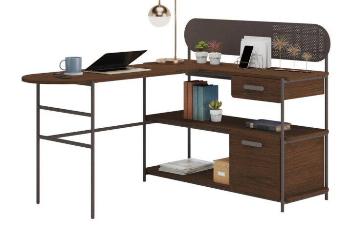 Throwback is in: merge the old and the new together with the modern L-shaped desk from the Radial® collection. This metal and wood desk features a storage drawer with metal runners and safety stops to store your desk essentials like pens