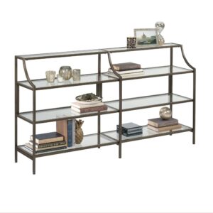 Is your home décor looking a bit boring and bland? Give your home a sophisticated new look when you add the luxurious style and modern design of this metal and glass console table from the International Lux® collection. This bronze console table features open storage that includes three large shelves and one narrow shelf to conveniently store and display items like decorative plants