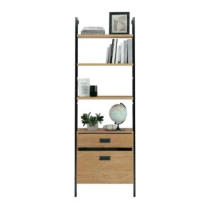 Give your home the update it deserves with the mid-century style and modular design of this wall-mounted bookcase from the New Hyde collection. This bookcase with drawers features four large open shelves with space to store items like your collection of cookbooks