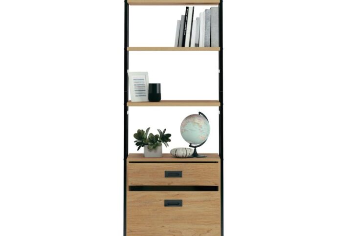 Give your home the update it deserves with the mid-century style and modular design of this wall-mounted bookcase from the New Hyde collection. This bookcase with drawers features four large open shelves with space to store items like your collection of cookbooks